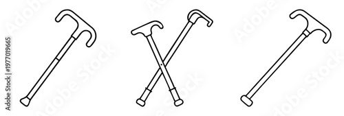 Three outlined walking canes with handles and rubber tips for mobility aid
