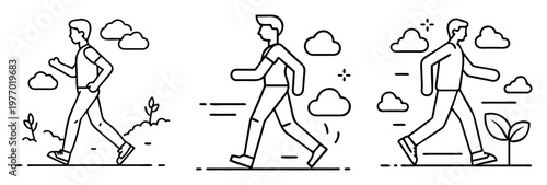 Three men walking in nature on a sunny day with clouds