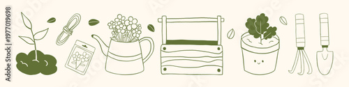Vector spring set of cute garden element in hand drawn outline sketch monochrome style. Sprout, plant tie, seed packet, flower jug, wooden box, smiling pot, tool for farm and organic agriculture.