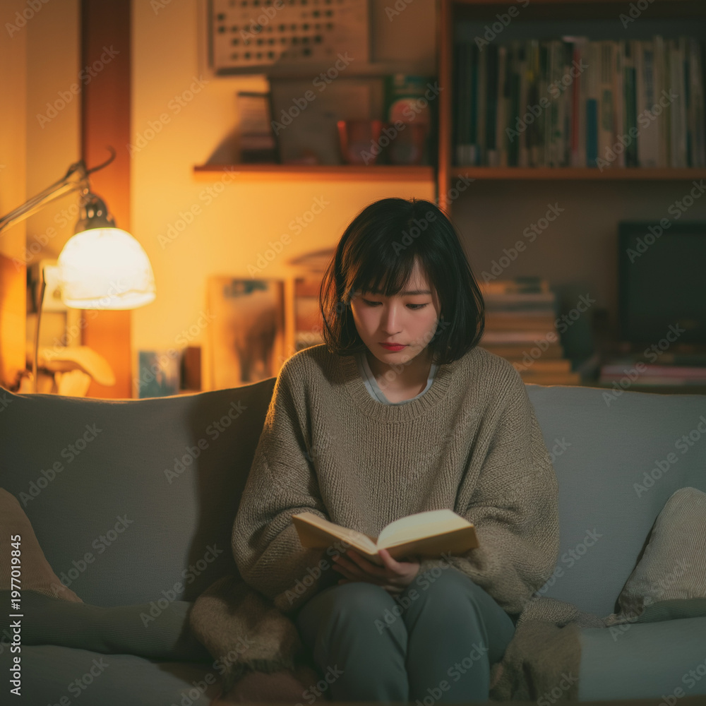 Fototapeta premium A serene young woman enjoys a quiet evening indoors, relaxing on a comfortable sofa and deeply focused on reading her book under the soft, warm lamplight in a cozy home environment