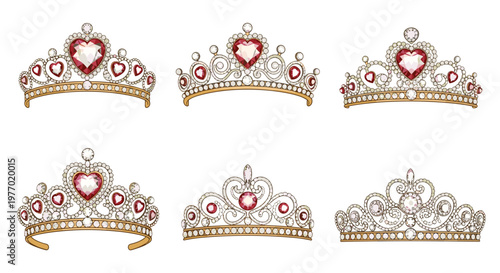 Set of six elegant golden crown tiaras adorned with sparkling white diamonds and prominent red heart shaped gemstones in the center.