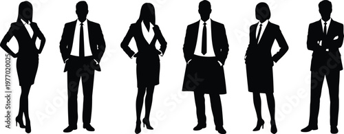 Black silhouettes of six businesspeople in various poses  suits