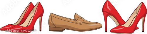 Stylish Red High Heel Pumps and Classic Brown Loafer Shoes Vector Set with Elegant Footwear Collection for Fashion, Retail, and Lifestyle Design