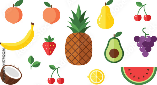 Fresh Tropical Fruit Vector Set Featuring Pineapple Banana Peach Pear Avocado Grapes Cherry Coconut Lemon and Watermelon for Healthy Organic Food Illustration Design.