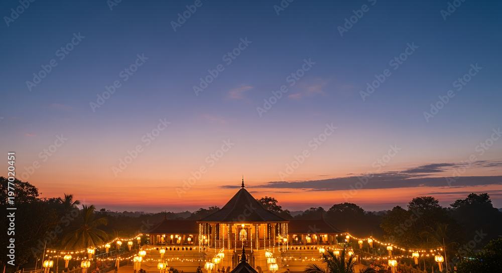 Obraz premium Poson Poya, soft gradient background, temple with lanterns and lights