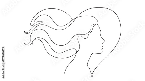 Minimalist continuous line drawing of a beautiful woman's face and flowing hair integrated with a heart symbol, symbolizing self-love and elegance