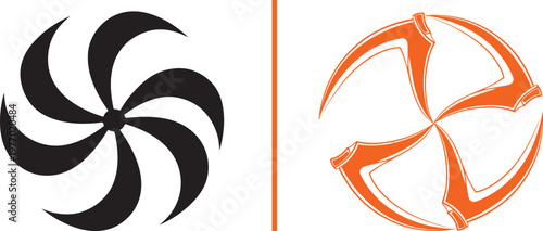 Two minimalist abstract swirl icons. Left features six black curved blades in a pinwheel; right shows an orange outlined four-blade propeller design. Clean flat vector on a white background.