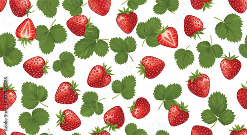 Seamless pattern of ripe red strawberries and fresh green leaves scattered over a white background creates a cheerful fruity textile design.
