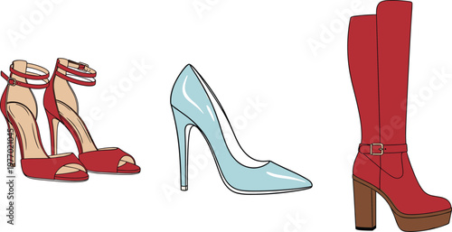 Women Fashion Footwear Set with High Heels Sandals Pumps and Knee High Boots Stylish Flat Vector Illustration for Trendy Clothing and Retail Design Use
