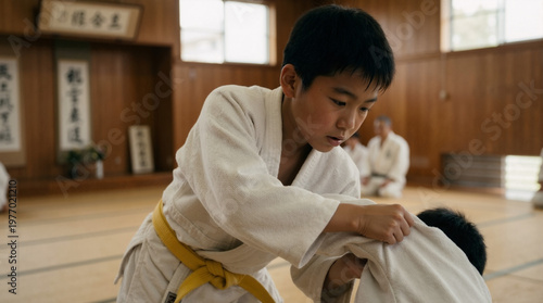 Japanese boy practicing judo in a traditional dojo. Young martial artist with yellow belt training in white gi. Focus and discipline in combat sports