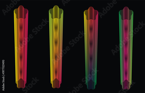 Four abstract neon gradient cylinders on black background