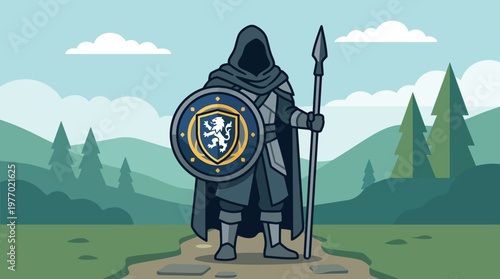 Cartoon gray knight standing with spear and shield in natural landscape