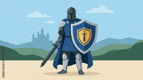 Knight in armor standing with sword and shield in front of a castle