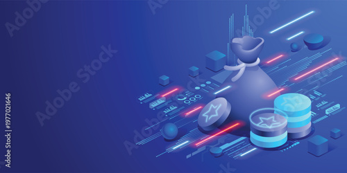 Futuristic business technology concept Financial growth, digital economy and data driven strategy. Money bag, coins and analytics elements Fintech innovation and global economic development