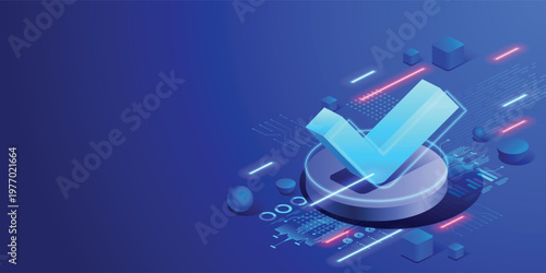 Digital business agreement concept with glowing check mark symbol Successful deal confirmation, contract approval and secure transaction. Illustration for fintech, partnership and corporate success.
