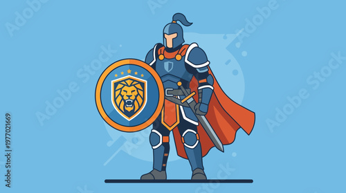 Cartoon knight in armor holding a shield with a lion emblem standing heroically