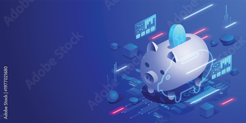 Digital saving and financial planning Piggy bank and data elements Personal finance management, investment strategy and smart budgeting. Futuristic isometric illustration fintech and economic growth