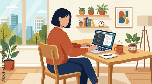 Woman working on laptop in cozy home office with city view