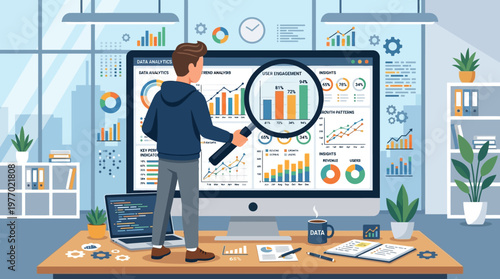 Business analyst examining data trends on a large computer screen in a modern office environment closely