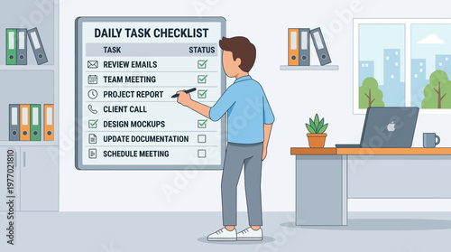 Man in office checking daily tasks on a large checklist board with a pen in hand standing beside a desk