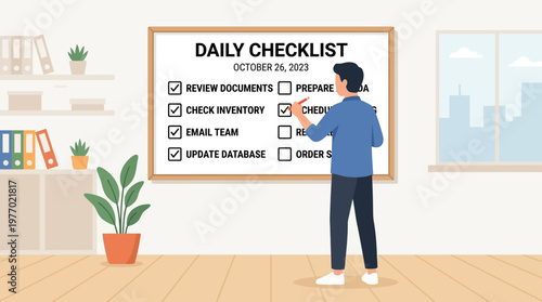 Man creating daily checklist on whiteboard in modern office space