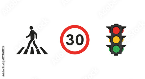 Traffic signs and pedestrian crossing symbol.
