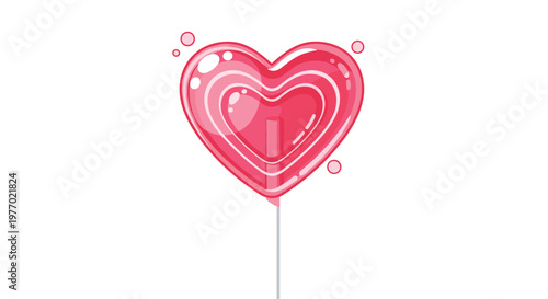 Bright pink heart-shaped lollipop on a stick is surrounded by small decorative bubbles in this charming and sweet candy vector illustration.