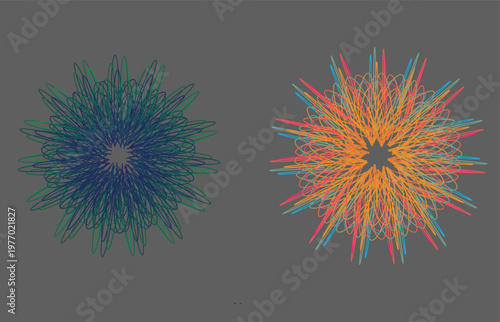 Abstract Geometric Starburst Patterns, Blue and Orange Designs