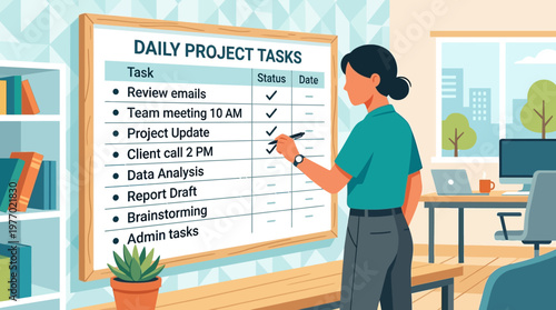 Woman updating daily project tasks on a large whiteboard in a modern office setting with a checklist and a marker
