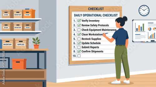 Woman reviews daily operational checklist in a warehouse office with inventory boxes and a whiteboard displaying graphs