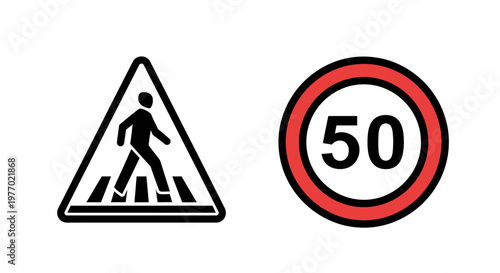 Road signs pedestrian crossing speed limit.
