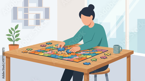 Woman sitting at a table working on a colorful jigsaw puzzle with a cup and plant nearby indoors
