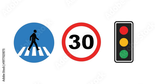 Traffic signs and pedestrian crossing symbol.