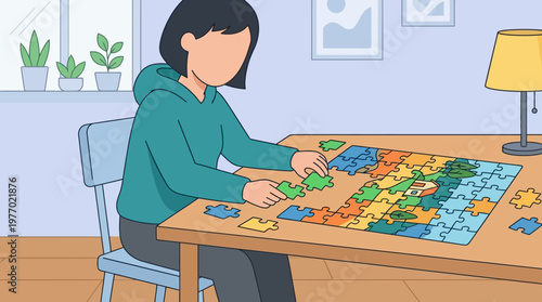 Young girl concentrating on assembling a colorful jigsaw puzzle at a wooden table in a cozy room with plants