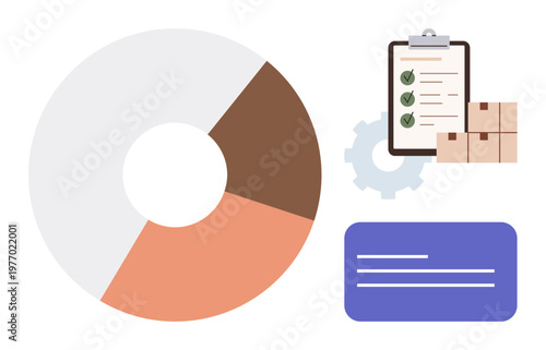 Data management, logistics planning, inventory control, business analytics, supply chain, efficiency. A pie chart, checklist clipboard boxes gear and informational card. Data management
