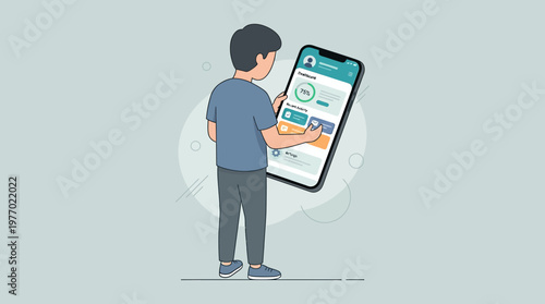 Man interacts with large smartphone displaying dashboard and recent activity