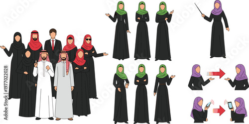 Arab Muslim People Character Set with Men in Traditional Thobe and Women in Abaya and Hijab Showing Different Poses and Gestures Vector Illustration