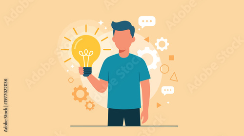 Cartoon man holding a glowing lightbulb with creative idea symbols around him