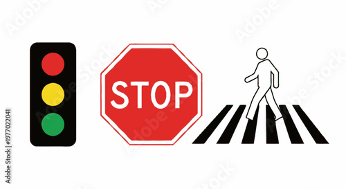 Traffic signs and pedestrian crossing.