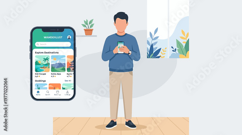 Man using phone to explore travel destinations on Wanderlust app