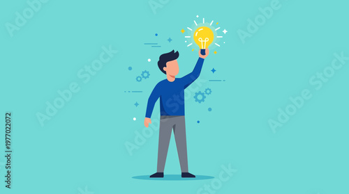 Man holding a lightbulb with ideas and inspiration surrounding him freely