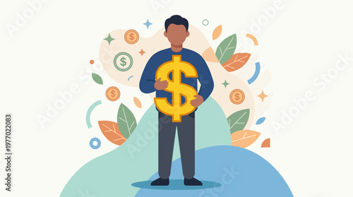 Man holding a large dollar sign symbol surrounded by money and leaves