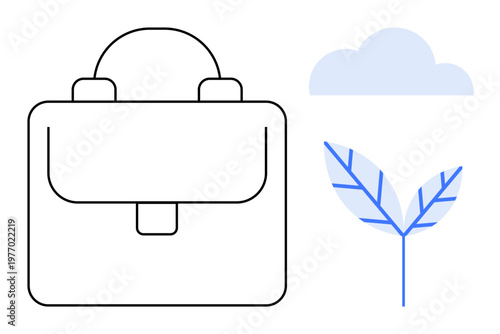 Sustainable development, eco-business, environmentally conscious work, nature conservation, green economy, corporate responsibility. Outline of a bag, a blue leaf and a cloud. Sustainable