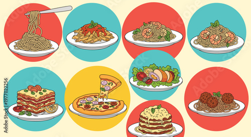 Diverse selection of Italian food favorites such as pasta, pizza, and salad is showcased in various circular frames for menu or web design.