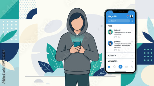 Person in a hoodie interacting with a social media app on their smartphone device screen