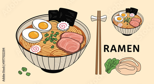 Detailed ramen bowl illustration features noodles in broth topped with boiled eggs, pork slices, and nori seaweed with separate food elements.