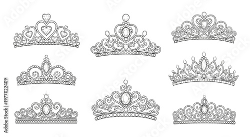 Set of elegant tiara and crown designs featuring hearts and precious gems is presented in a clean black and white line art style for decoration.