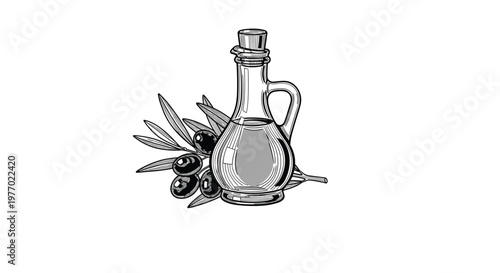 Classic black and white engraving style illustration shows a glass bottle of olive oil placed next to a leafy branch of ripe olives on white.