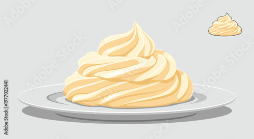 Generous swirl of smooth whipped cream or vanilla frosting is served on a simple white plate in this tempting and sweet dessert illustration.