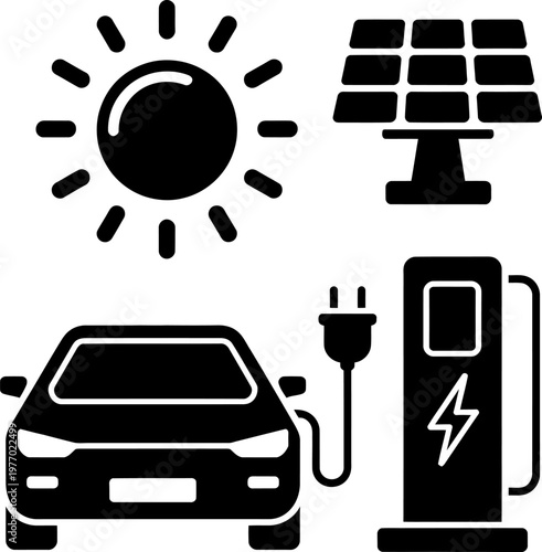 Clean Energy Icon Set: A graphical representation of clean energy, featuring the sun, solar panel, electric vehicle and charging station.
